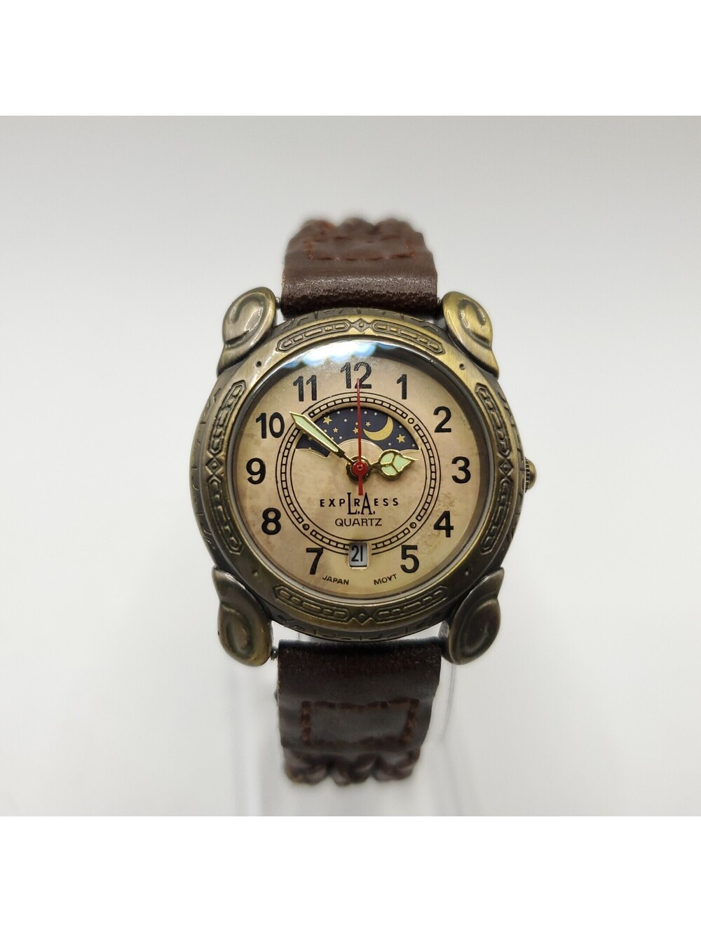 VTG LA Express Quartz Watch Women Moon Phase Bronze Leather Analog New Battery